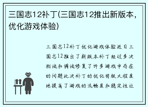 三国志12补丁(三国志12推出新版本,优化游戏体验)