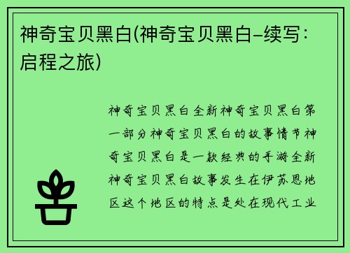 神奇宝贝黑白(神奇宝贝黑白-续写:启程之旅)